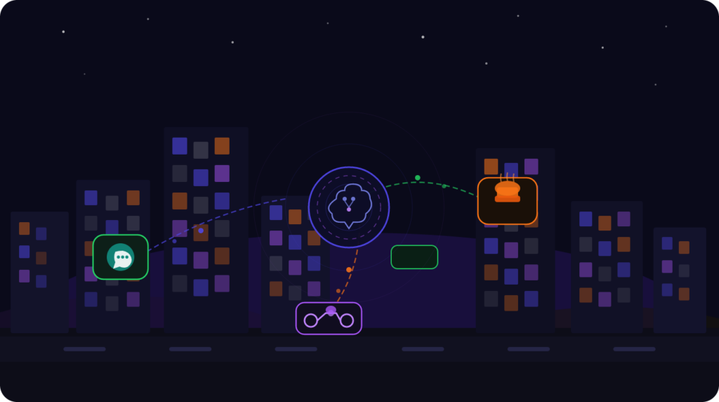 Representação da onipresença da inteligência artificial na gestão de um delivery